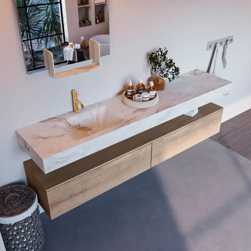 Rechtstreeks Van De Fabrikant Mondiaz Alan DLux badmeubel 200cm washed oak 2 lades met wastafel frappe links 1 kraangat