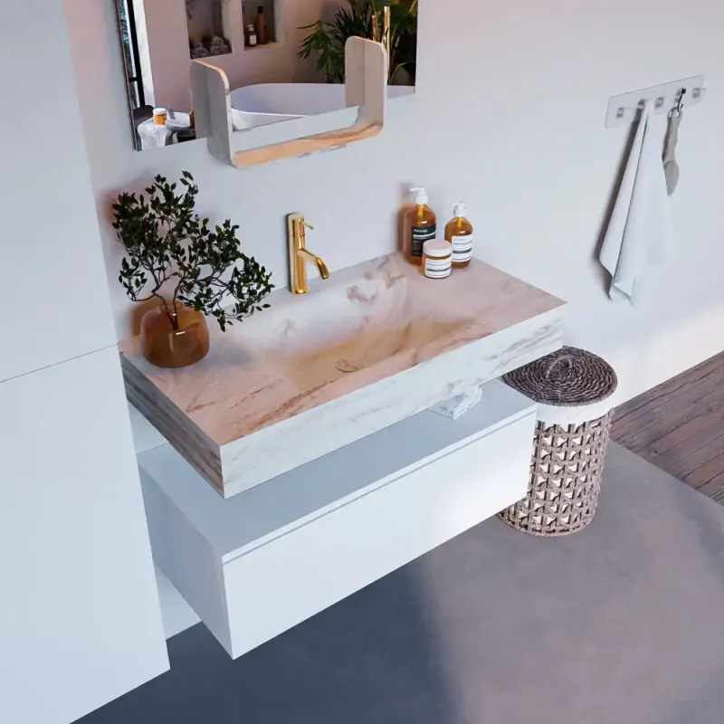 Must-Have Mondiaz Alan DLux badmeubel 90cm talc 1 lade met wastafel frappe midden 1 kraangat
