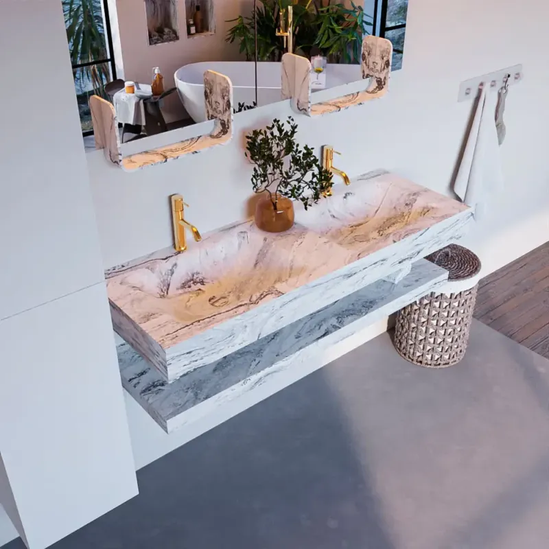 Aanbieding Mondiaz Alan DLux planchet 130cm met wastafel dubbel 2 kraangaten glace