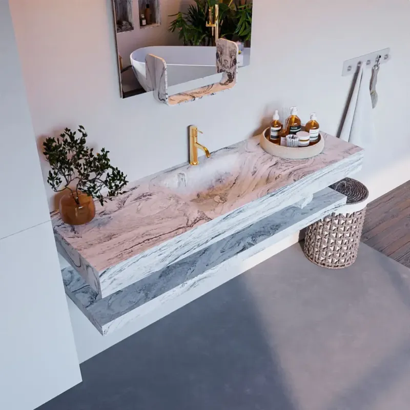 Rechtstreeks Van De Fabrikant Mondiaz Alan DLux planchet 150cm met wastafel midden 1 kraangat glace