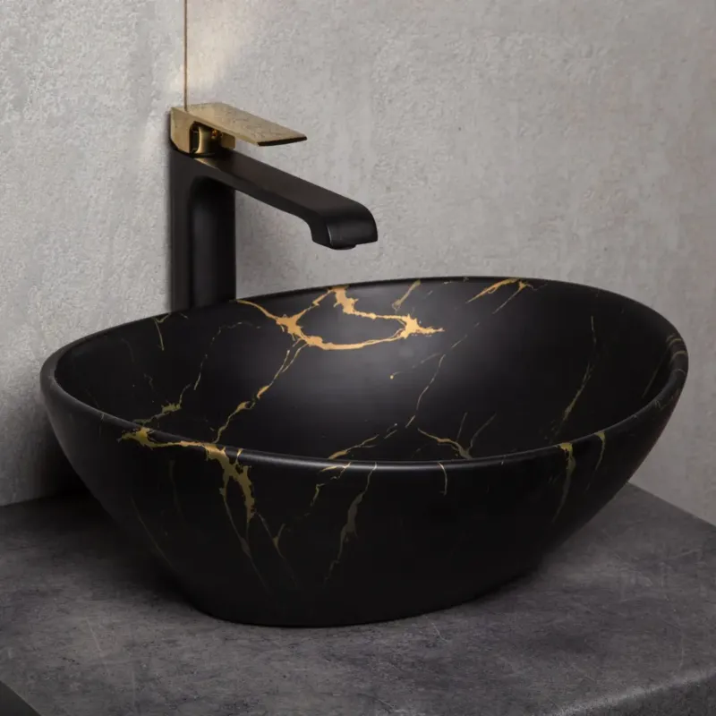 Kerra KR 707 keramische opzetwastafel 41.5x33.5cm marmer zwart/goud Actieprijs